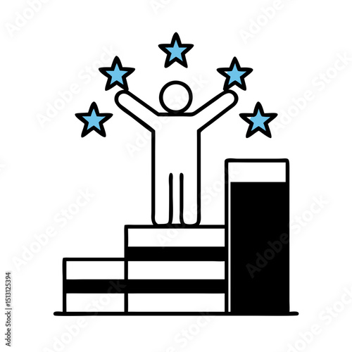 Man celebrating on podium with three blue stars