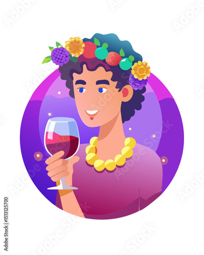 Man with floral crown holding wine glass on purple background