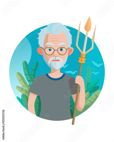 Elderly man with trident and underwater plants background