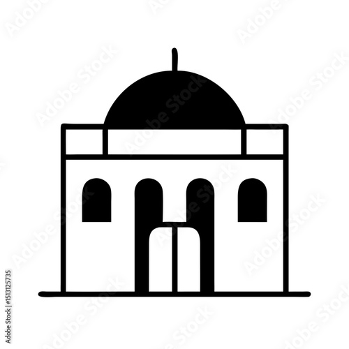 Black and white mosque icon with dome and arches