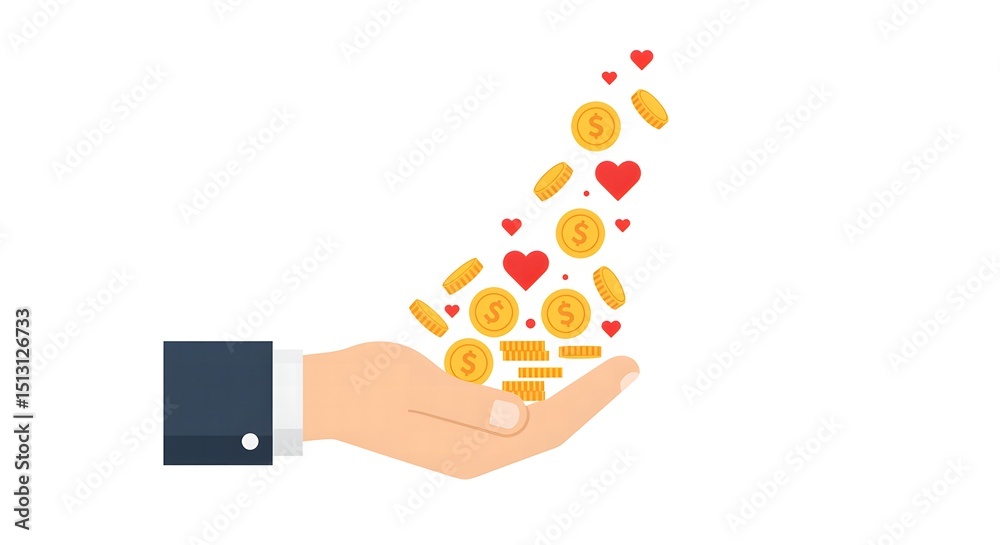 Obraz premium Charity donation concept hand holding money and hearts concept for donation charity and love with gold coins and red hearts icons