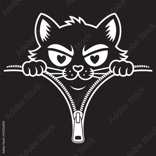 Playful black cat peeking through an opened zipper illustration in vector style