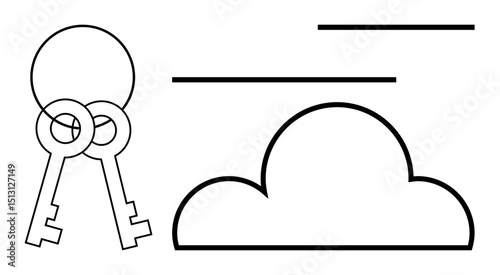 Pair of skeleton keys linked together next to a simple cloud outline, symbolizing cloud security. Ideal for cybersecurity, cloud storage, data access, login, encryption, privacy, modern technology