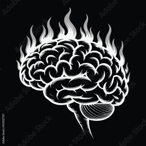 Conceptual illustration of a brain on fire representing intense mental activity and creativity