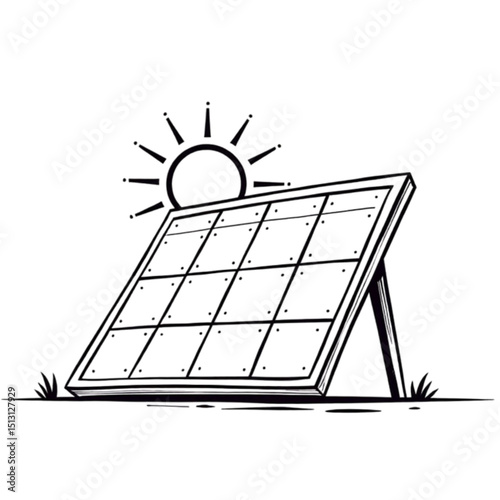 Solar panel illustration with sun, symbolizing renewable energy, sustainability concept.