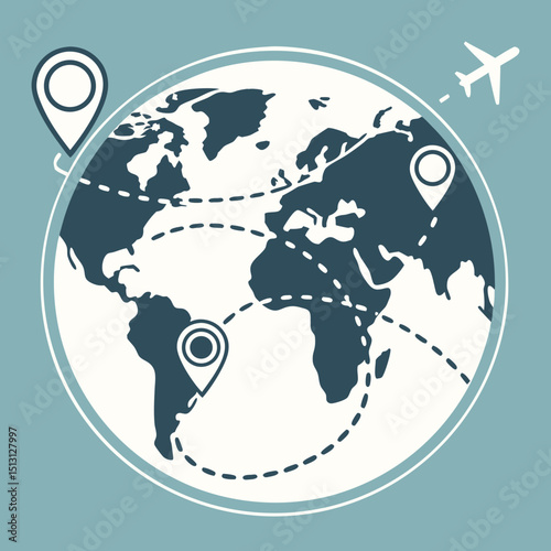 Flat icon of a globe with location pins, symbolizing global travel on a light blue background
