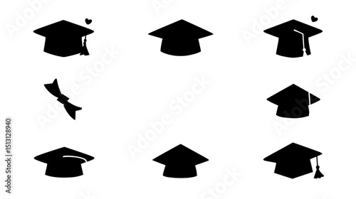 Modern Graduation Logo Elements: Black Cap, Red Ribbon, Gold Tassel and "Graduation" Text in Flat Vector Style, Isolated on White Minimalist Background.