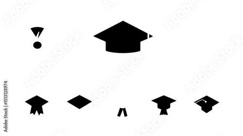 Modern Graduation Logo Elements: Black Cap, Red Ribbon, Gold Tassel and "Graduation" Text in Flat Vector Style, Isolated on White Minimalist Background.
