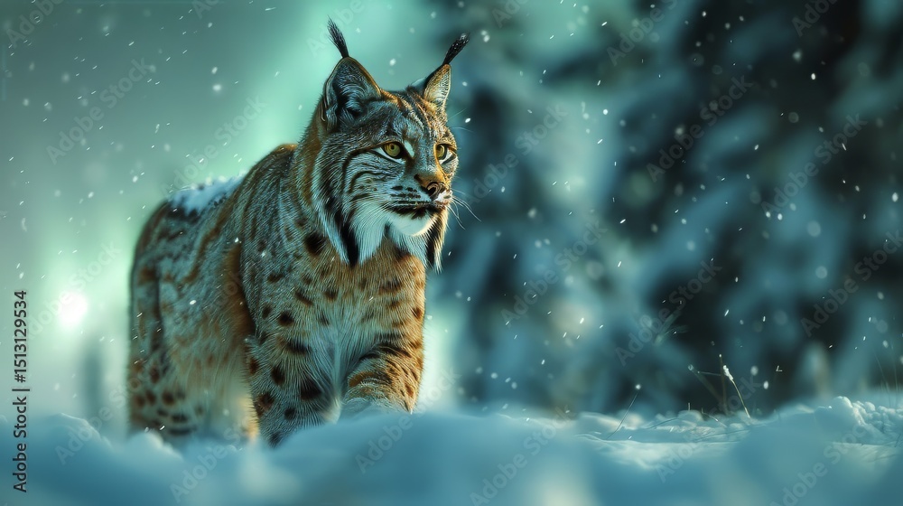 Fototapeta premium A mystical scene of a lynx moving silently through a snowy forest under the aurora borealis, the animal's stealth and the magical lights rendered with ethereal beauty