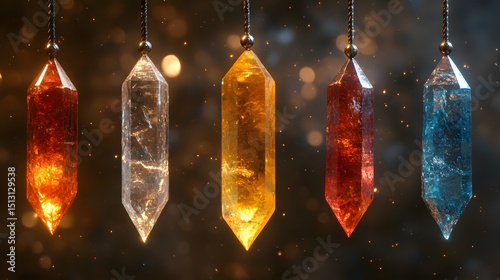 Intricate and Radiant Crystal Pendulum Display in a Dark Mystical Environment Showcasing Unique Colors and Textural Details