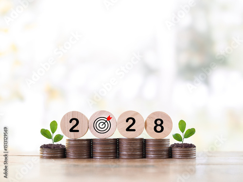 Wooden blocks with the number 2028 and plants growing up on stack of coins. The concept of saving money, Financial, Investment and Business growing in year 2028.