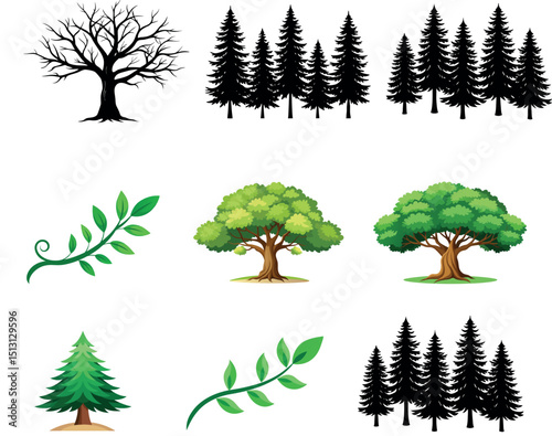 various deciduous trees silhouettes on the white background. vector set. PNG white background