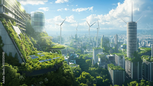 Futuristic Sustainable Urban Landscape with Greenery and Wind Turbines in a Modern City