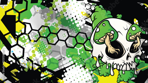 Racing Skull Vector Art – Abstract Speed Background with Green Mushroom Eyes (Black/White/Green)