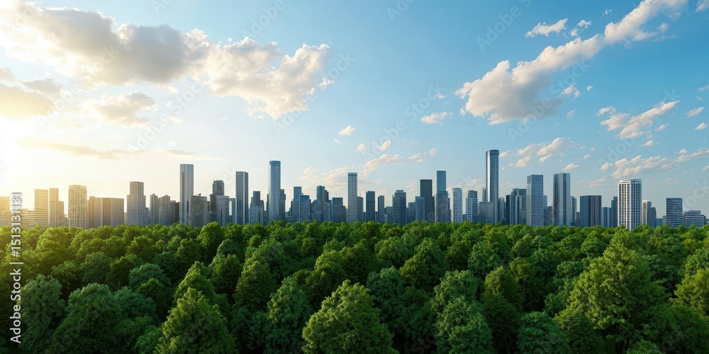 Fototapeta premium A modern city skyline rises above a lush green forest under a bright blue sky with scattered clouds.