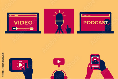 Essential Media Assets Podcast, Video & Mobile Icon Set for Digital Content