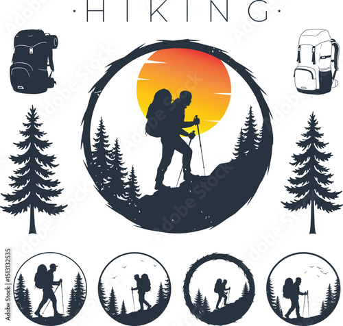 Sunset Style Hiking Silhouette Vector Graphics Artwork Set For T-shirts, Mountain Climbing Equipments Illustration Design