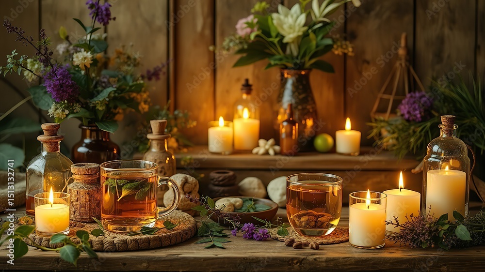 “Herbal tea and spa setup with candles and greenery, wellness theme” “Herbal tea and spa setup with candles and greenery, wellness theme”
