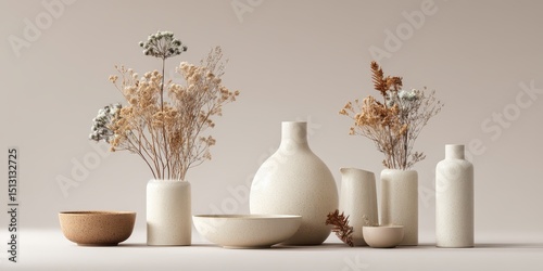 Minimalist still life featuring off-white ceramic vessels of varying shapes and sizes, arranged with dried floral bouquets in muted beige and cream tones against a neutral backdrop