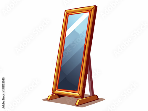 A realistic vector of a full-length mirror with wooden frame standing upright, isolated on white