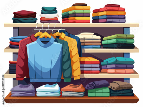 A clean vector of neatly folded t-shirts and sweaters stacked on a shelf, isolated on white background