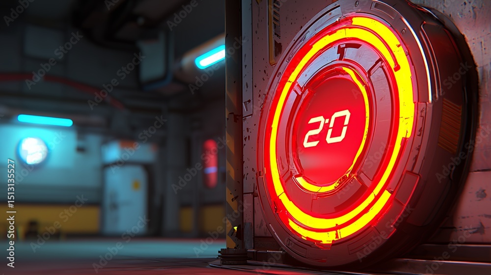 Fototapeta premium Futuristic Red Digital Timer in Dark Industrial Setting
