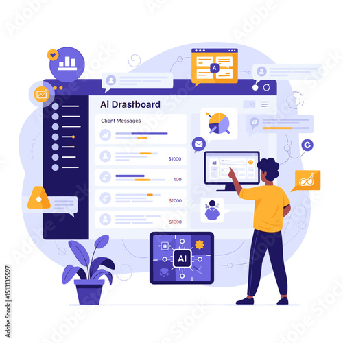 AI Dashboard Illustration: A modern and colorful illustration showcasing the interactive AI dashboard with a user interacting with it, accompanied by icons and design elements. 