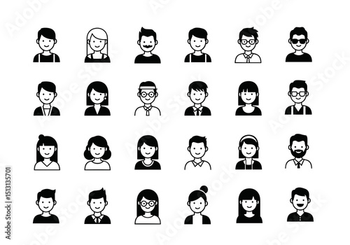 Icons of People: A collection of diverse human icons showcases the various faces, expressions, and appearances of individuals in a simplified, graphic style.