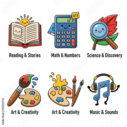 Educational Elements Collection: A vibrant collection of illustrations featuring key elements of education, fostering a sense of exploration and learning. Depicting reading, math, science, art.