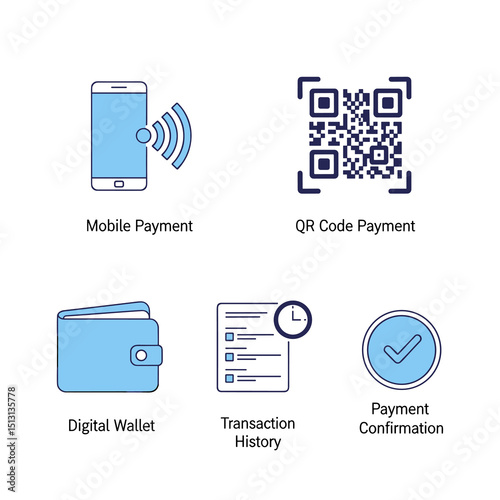 Payment Icons: Digital Payment symbols with diverse elements. Highlighting innovation, user-friendly design, and seamless transactions for both digital wallets and mobile payment.