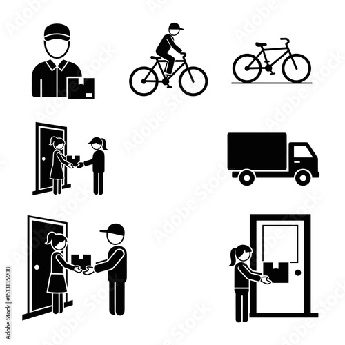Express Delivery Icons: A set of stylized black and white icons represent express delivery service. depicting various stages from dispatch to doorstep, including courier, bicycle, and delivery truck.