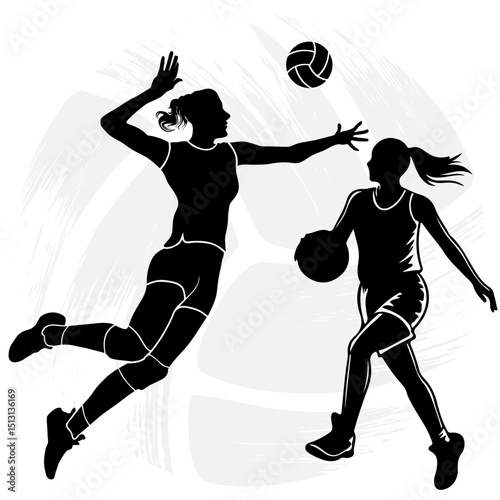 vector silhouette of a female basketball player slam dunk, scoring the ball to the net