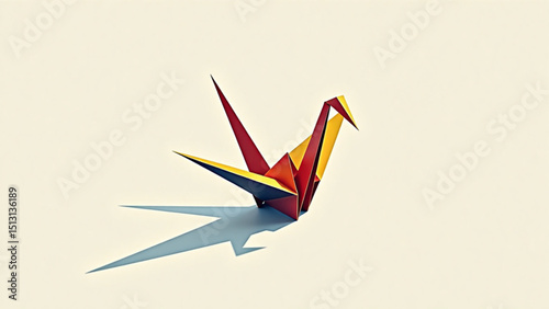 Colorful origami crane casting a shadow on a plain background in a minimalist style