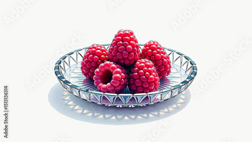 Fresh raspberries arranged in a decorative glass bowl in a vibrant and detailed illustration