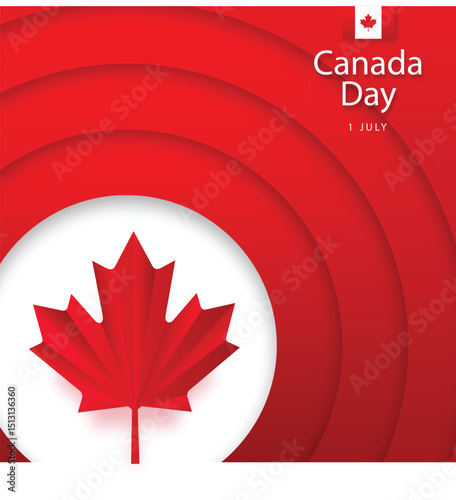 Modern and bold celebration of Canada Day with a 3D maple leaf and vibrant concentric design.