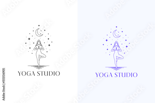 illustration of yoga woman with moon and stars, icon, vector logo for meditation, peaceful, mindfulness, health and wellness, fitness, exercise, morning routine, yoga studio, and more