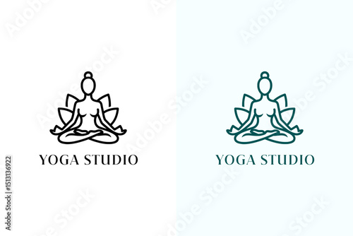 illustration of yoga woman with lotus leaf, minimal, icon, vector logo for peaceful, mindfulness, meditation, workout, exercise, morning routine, yoga studio, and more