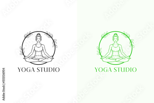 vector illustration of yoga woman in lotus pose circular outlines and leaf accents, logo for yoga studio, yoga center, meditation, mindfulness, peaceful, workout, exercise, and more