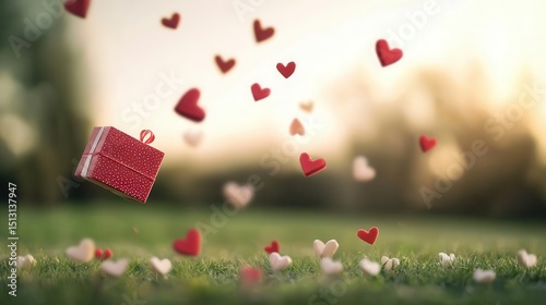 Fairytalelike scene of cupids releasing hundreds of tiny flying gift boxes over a meadow photo