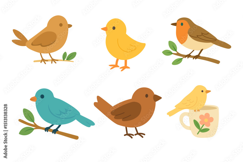 Set of colorful cartoon birds sitting on branches and objects, isolated vector illustration. Set of colorful cartoon birds sitting on branches and objects, isolated vector illustration.
