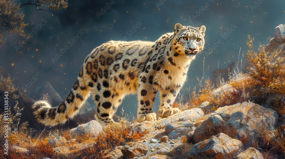 Fototapeta premium An elusive snow leopard navigating rocky terrain under a clear, starry sky, its camouflage and the nighttime environment rendered with exceptional detail