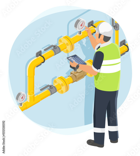 Gas pipeline engineer inspecting pressure gauges and valves during routine maintenance to ensure safety and operational efficiency at an industrial facility