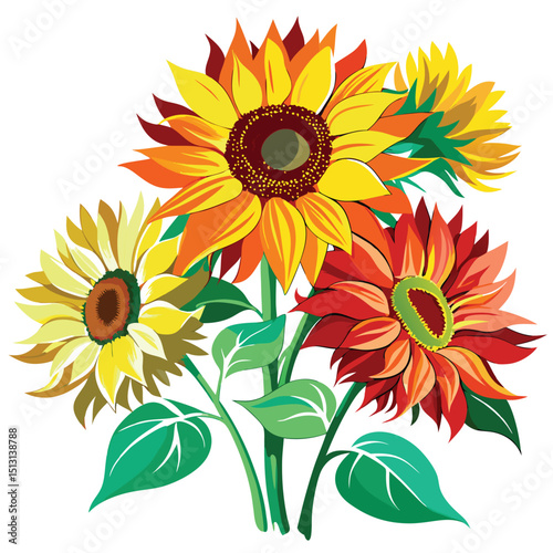 Colorful Watercolor Sunflower Bouquet Yellow, Orange, and Red Floral Illustration on White Background