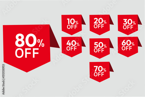 A set off percentage sticker Design Price Tag Label with red shape and white text With Various badge - Vector illustration business buy and sale poster. off percentage 10% - 80% design. discount offer