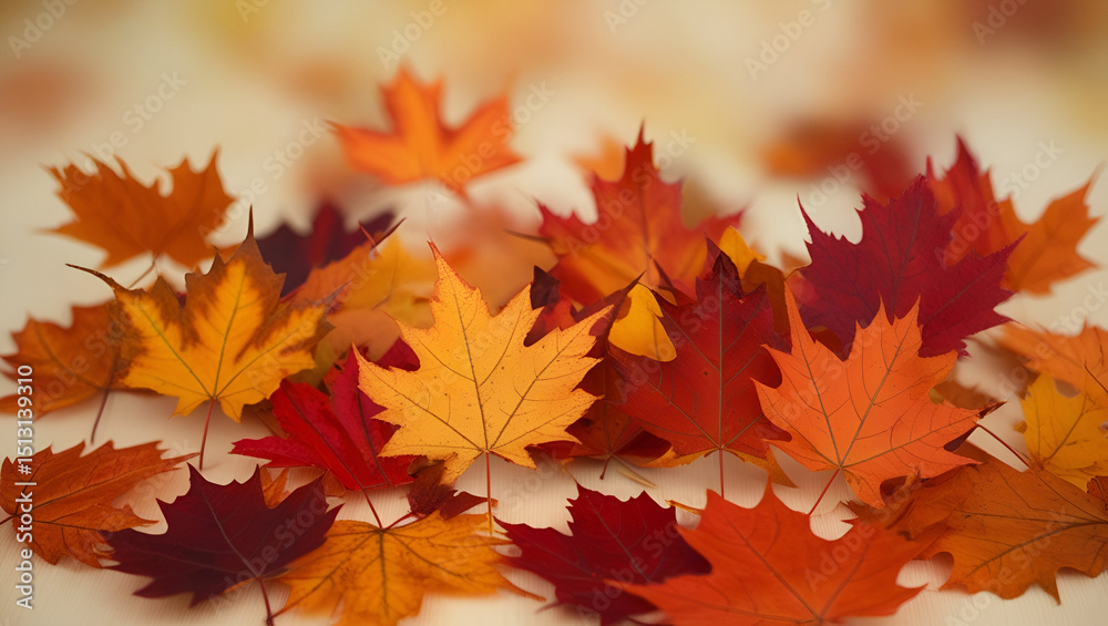 Fototapeta premium Fallen autumn leaves resting on the ground, with a dreamy, blurred backdrop.