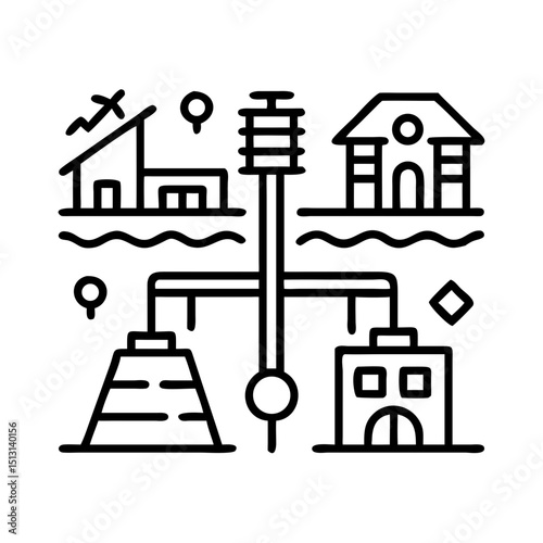 Municipal & Infrastructure Icon vector of Water Supply,Electricity,Power Plant,Gas Station,Drinking Water,Public Restroom,Maintenance,Repair,Park,Green Space,Stadium,Sports Complex,skyscraper,Urban Zo