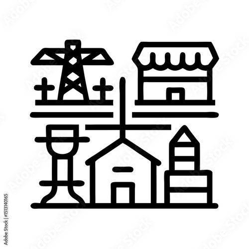 Municipal & Infrastructure Icon vector of Water Supply,Electricity,Power Plant,Gas Station,Drinking Water,Public Restroom,Maintenance,Repair,Park,Green Space,Stadium,Sports Complex,skyscraper,Urban Zo