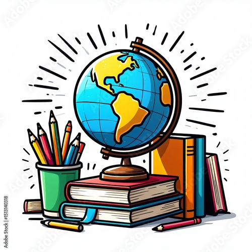 Colorful cartoon illustration of a globe books and pencils representing education