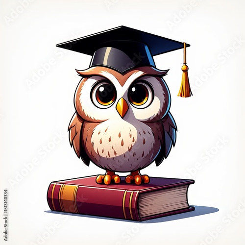 Cute cartoon owl wearing graduation cap perched atop a detailed open book on white background
