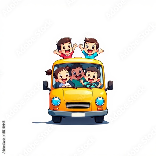 Happy children on a fun road trip journey in a yellow cartoon car vector illustration